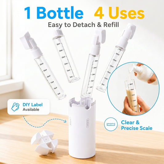 Beverage preparation system with multiple bottles and a dispenser on a wooden surface.