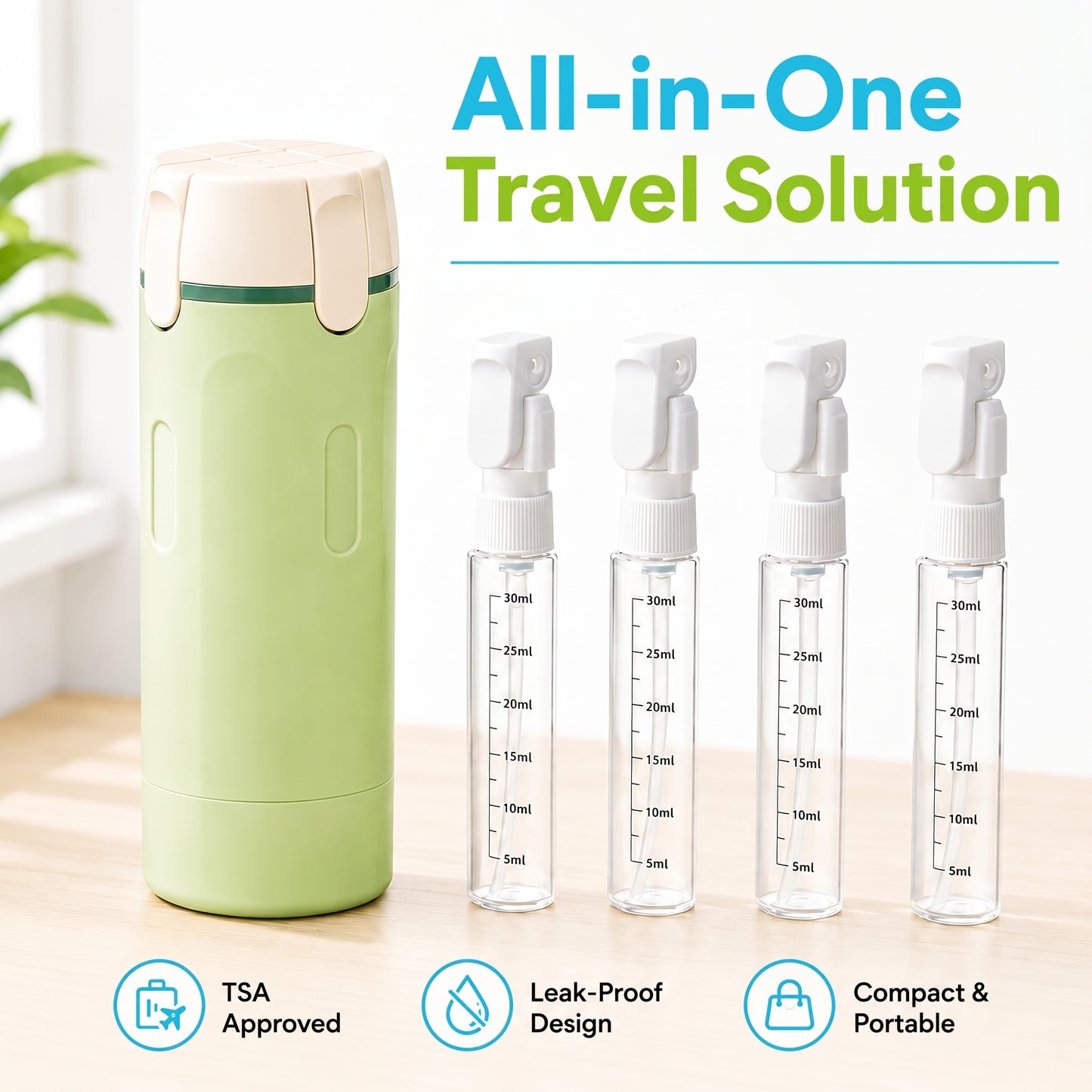 4-in-1 Travel Dispenser | TSA Approved Leak-Proof Bottles